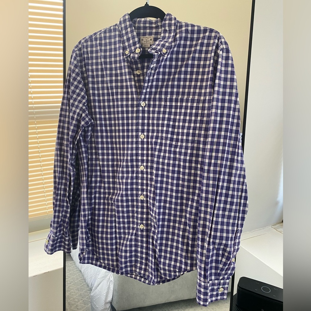 J. Crew - 100% Cotton Navy Blue and White Plaid Button Down Shirt - Size M